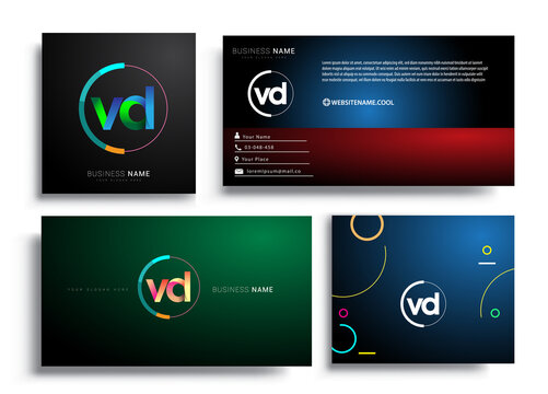 Letter VD logotype with colorful circle, letter combination logo design with ring, sets of business card for company identity, creative industry, web, isolated on white background.