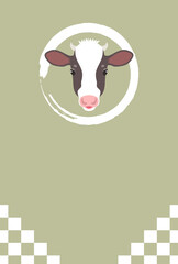 2021年　丑年　シンプルな牛の顔の和風年賀状【文字なし】