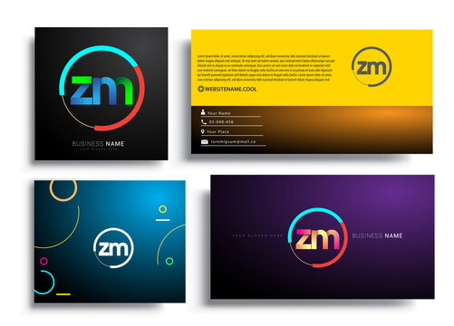 Letter ZM logotype with colorful circle, letter combination logo design with ring, sets of business card for company identity, creative industry, web, isolated on white background.