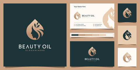 Naklejka premium Beauty women and oil feminine logo design and business card template. negative space logo concept.