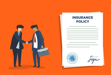 Man signs insurance policy. Insurance agents handshake each other, signs contract. Flat style icons. Isolated vector illustration.

