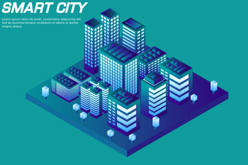 Fototapeta premium Smart city or intelligent building isometric vector concept. Smart building control concept. Concept building with technology system. 3d isometric vector illustration.
