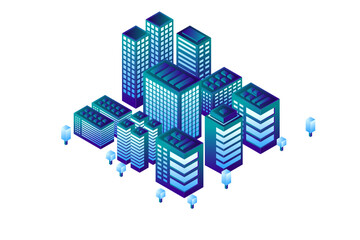 Smart city or intelligent building isometric vector concept. Smart building control concept. Concept building with technology system. 3d isometric vector illustration.