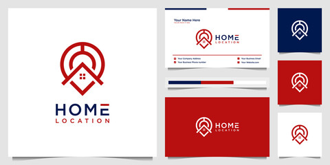 Home and pin map location symbol real estate logo design and business card template.