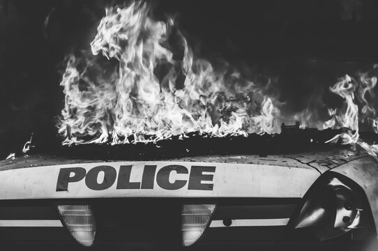Burning police car