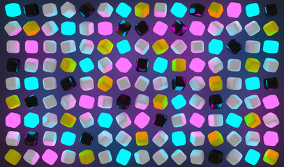 3d illustration of rows of purple, pink and blue neon squares .Set of cubes on monocrome background, pattern. Geometry  background