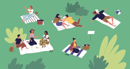 Diverse people spending time at summer park vector flat illustration. Man and woman talking, lying and sitting on plaid, sleeping, eating and working on laptop. Leisure activity at relaxed place