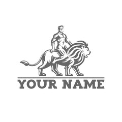 a men above the lion illustration logo.