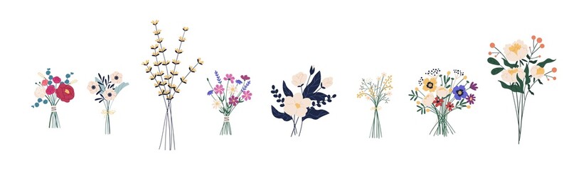 Set of different beautiful bouquets with garden and wild flowers vector flat illustration. Collection of various blooming plants with stems and leaves isolated on white. Floral decoration or gift