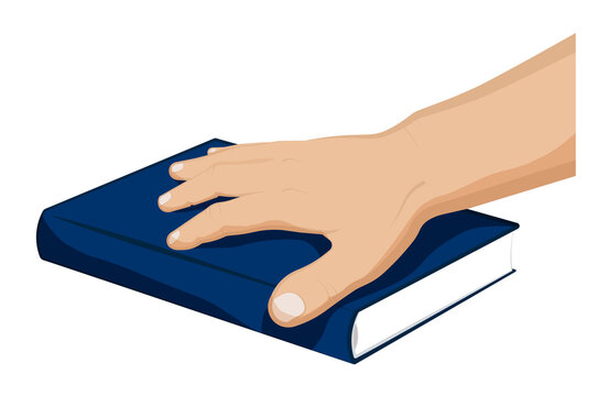 Man Holds His Palm On A Closed Book. President Oath On Bible, Constitution. Selection Of New Leader Of Country. Cartoon Vector On White Background