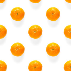 Fresh mandarine Seamles pattern. Ripe fruit tangerines seamless pattern. Fresh citrus isolated on white background pattern. Flat lay of Clementine.