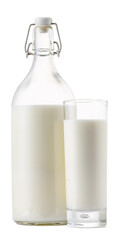 Glass bottle and cup of fresh milk isolated