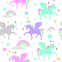 unicorn seamless pattern with rainbow and love ornament