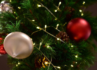 Closeup of Christmas Ball on Christmas Tree with bokeh beautiful background for design and decoration, new year concept, selective focus.