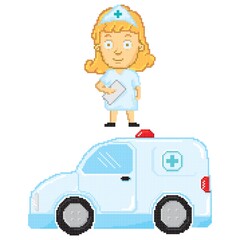 Pixel art nurse with ambulance