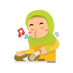 muslim girl whistling and slicing lemang
