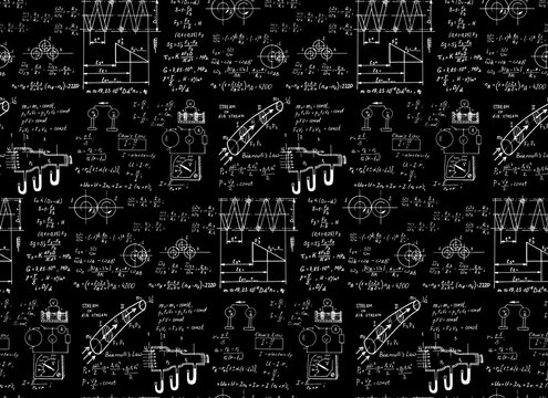 Physical equations and formulas on chalkboard. Vector hand-drawn illustration. Education and scientific seamless pattern.