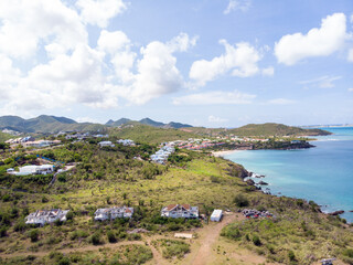 Aerial view of the Caribbean island of Sint maarten /Saint Martin. Aerial view of La savane and st.louis st.martin. Happy bay and friars bay beach on St.maarten.