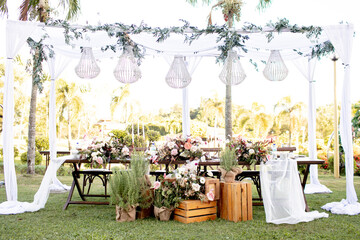 Beautiful rustic garden wedding setup in the morning
