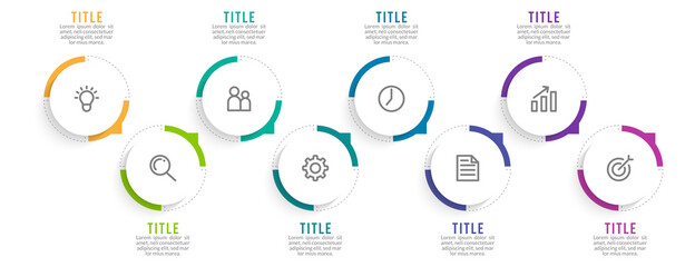 Minimal Business Infographics template. Timeline with 8 steps, options and marketing icons .Vector linear infographic with eight conected elements. Can be use for presentation.