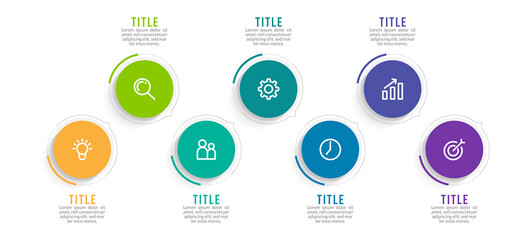 Minimal Business Infographics template. Timeline with 7 steps, options and marketing icons .Vector linear infographic with seven conected elements. Can be use for presentation.