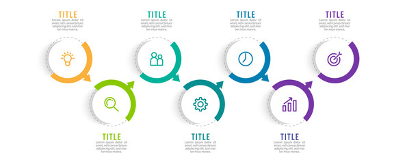 Minimal Business Infographics template. Timeline with 7 steps, options and marketing icons .Vector linear infographic with seven conected elements. Can be use for presentation.