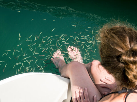 Woman with her feet in the water having a fish pedicure, Majorca, Spain