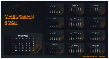 Desk calendar template 2021. Printable Minimalist blackish Colourful Abstract Elegant printable Premium free Vector. Corporate and business calendar.