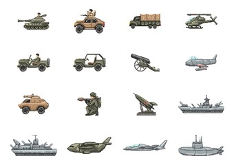 Set of military vehicle and weapons