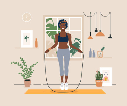 Young african american woman jumps skipping rope. Black female character playing sport at home or studio. Concept woman, person indoor fitness activities. Trendy flat vector illustration.