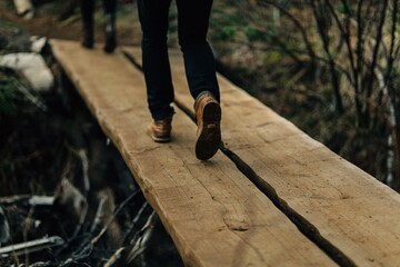 crossing a log bridge