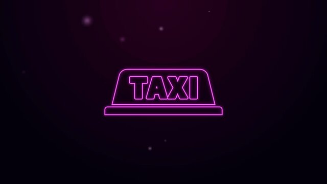 Glowing neon line Taxi car roof icon isolated on purple background. 4K Video motion graphic animation.