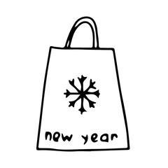 Gift Christmas bag. Festive paper bag with snowflake for mobile concept and web design. Vector graphics in doodle outline style.