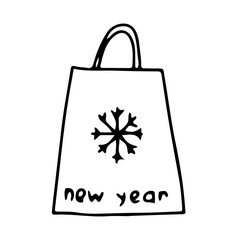 Gift Christmas bag.  Festive paper bag with snowflake for mobile concept and web design.  Vector graphics in doodle outline style.