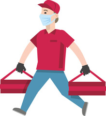 Food delivery: there is a guy in red clothes and a cap, gloves and a mask with boxes of pizza in his hands. Contactless pizza delivery during the coronavirus. Vector illustration. Flat infographics.