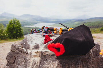 Bagpipe on stone in nature, Scotland