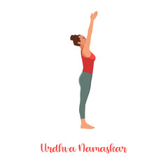 lady doing yoga class. Vector illustration isolated on white. Online home workout. Body positive. Attractive woman. Urdhva Dhanurasana, Upward Bow or Wheel Pose.