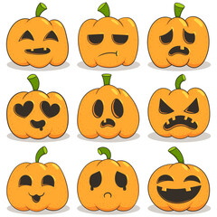 funny pumpkins faces set on white background outline