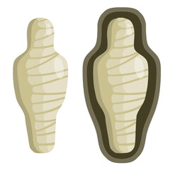 Mummy in a coffin. Sarcophagus with body. Ancient ruler Pharaoh of Egypt. Archaeology and the corpse. Flat cartoon illustration. Halloween monster