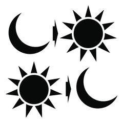 Moon and sun black on white background, sign for design, vector illustration