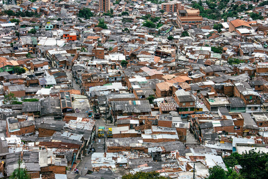 Poor and old houses and buildings city pattern. Slums in Medellin, Colombia