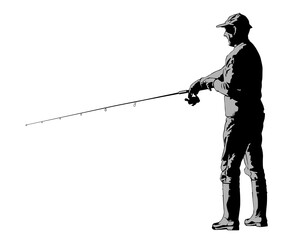 Fisherman with a fishing rod on shore. Isolated silhouette of a man on a white background