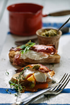 Poached eggs and maple bacon breakfast.