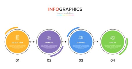 Concept of shopping process with 4 successive steps. Four colorful graphic elements. Timeline design for brochure, presentation, web site. Infographic design layout.