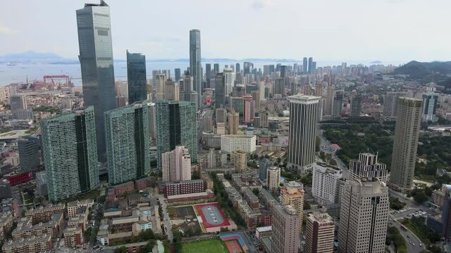 aerial shot of dalian city center
