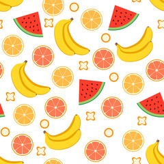 Seamless pattern with tropical fruits. The vector illustration shows exotic food. Watermelon, banana,  lemon and orange
