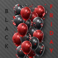Black Friday Sale Poster with Shiny Balloons on Black and White Background. Universal vector background for poster, banners, flyers, card
