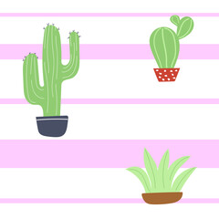 Seamless pattern with pink stripes and cactuses. Flat illustration for nursery design.