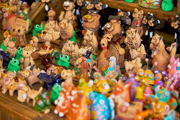 Belarus, Minsk, August 2019. A small street shop selling Souvenirs. A large assortment of clay Souvenirs.