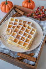 sweet home made pumpkin spice waffles on a table